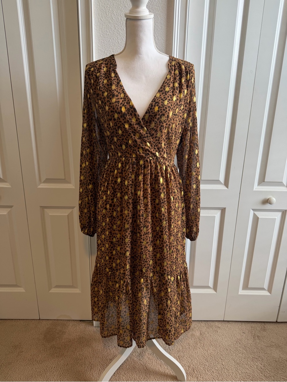 Mystree Leopard Print Metallic Gold Midi Dress Long Sleeve Large